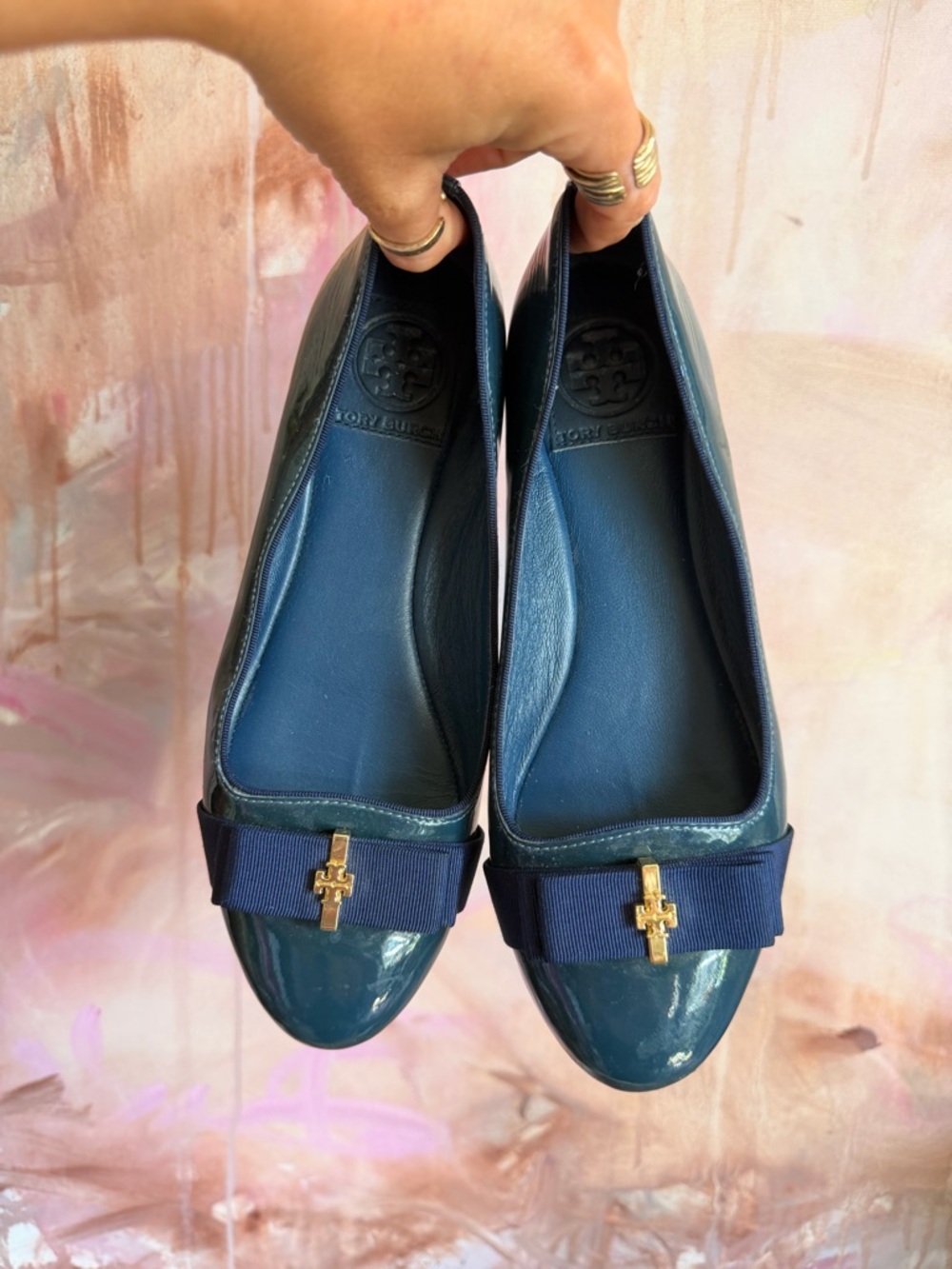 Tory Burch Teal Patent Leather Bow Flats with Gold Logo